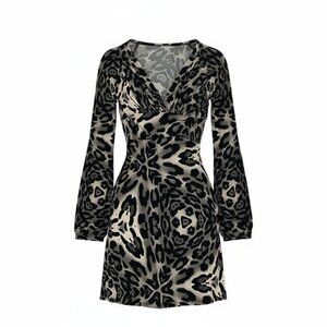bebe Black and Cream Leopard Long Sleeve Dress
